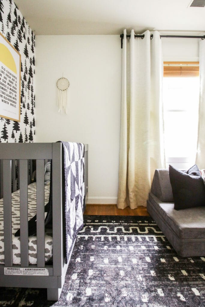 Gender Neutral nursery in black white gray and yellow