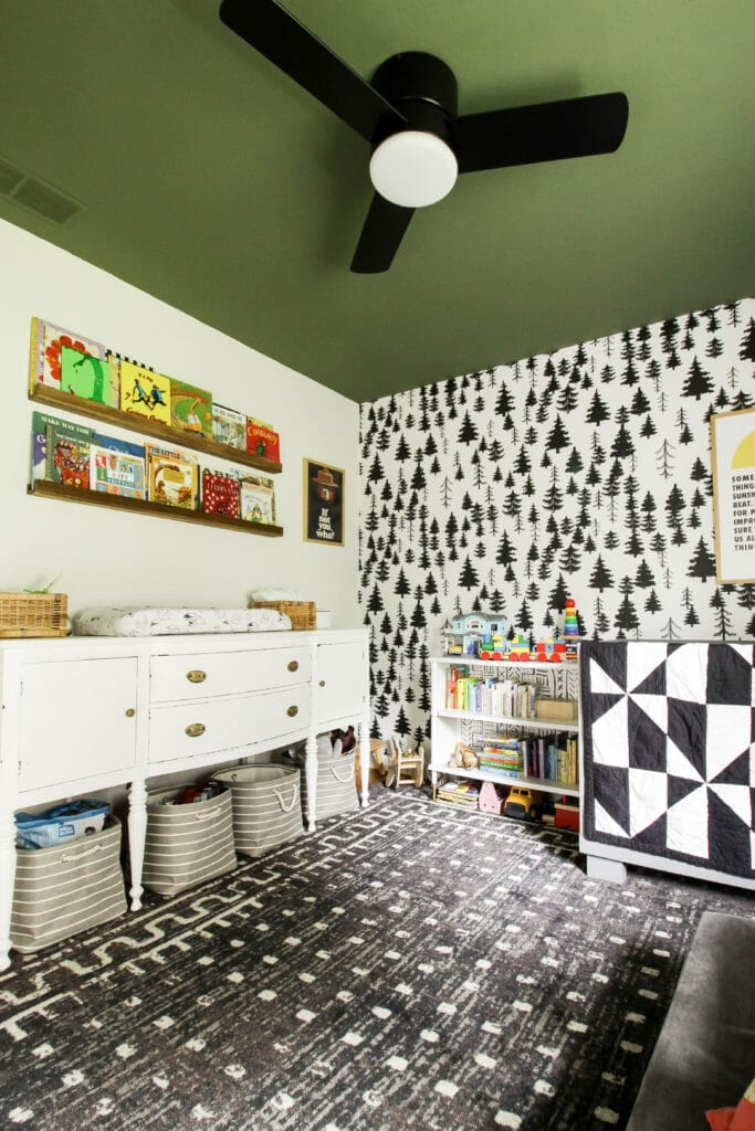 black, white, and gray nursery with green ceiling