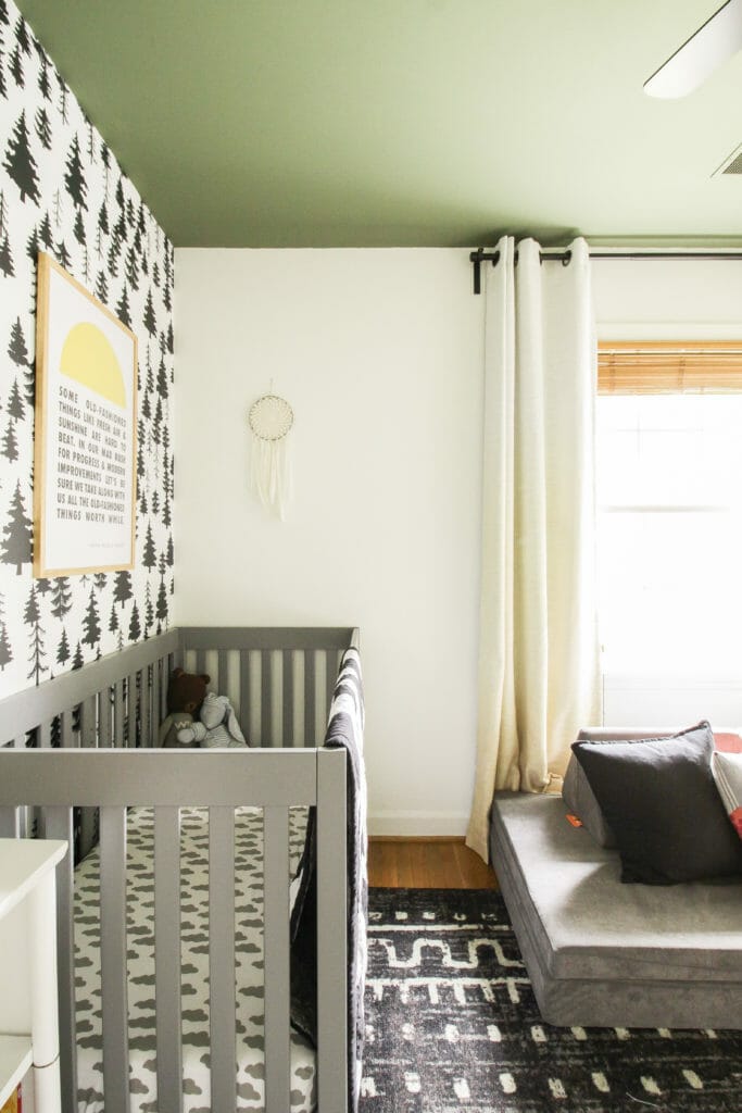 neutral nursery with Green ceiling