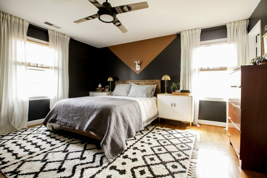 Black and Neutral Modern Boho Bedroom with Color Block