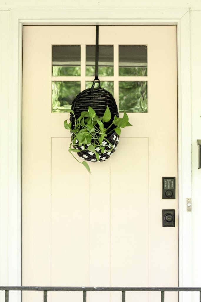 Black and white basket with plant on pink door