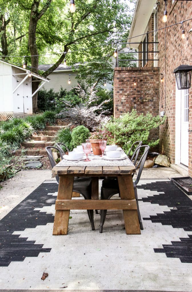 Outdoor dining space with blush