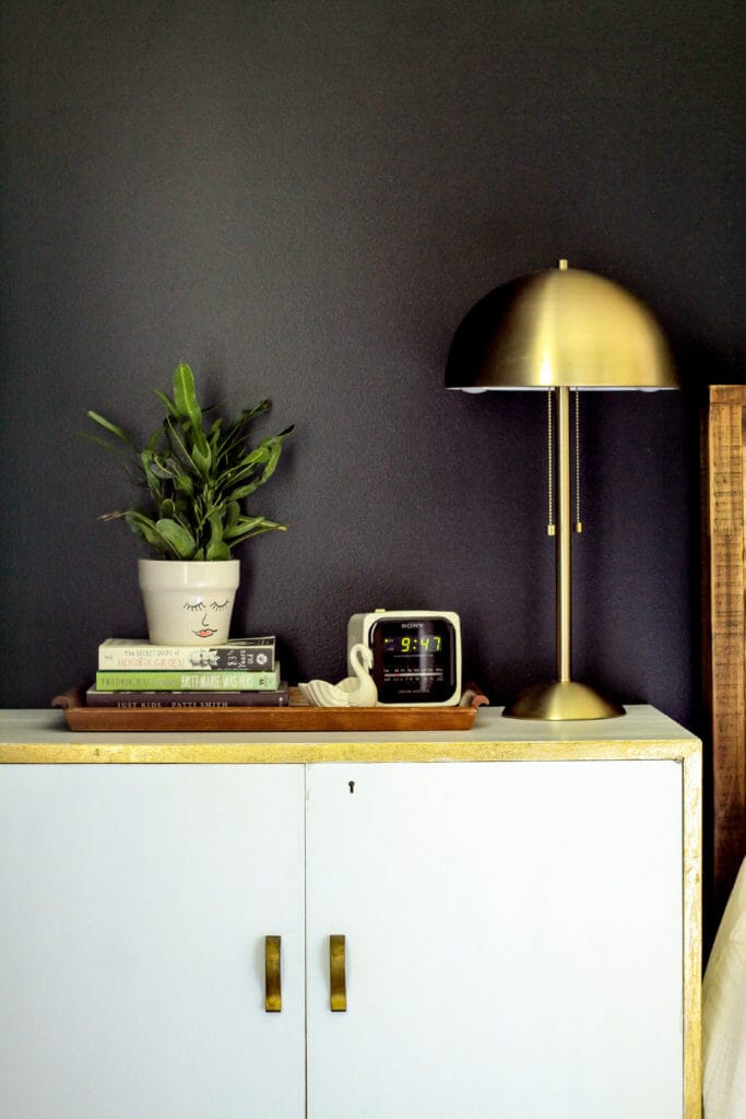 nightstand styling with tray and plant