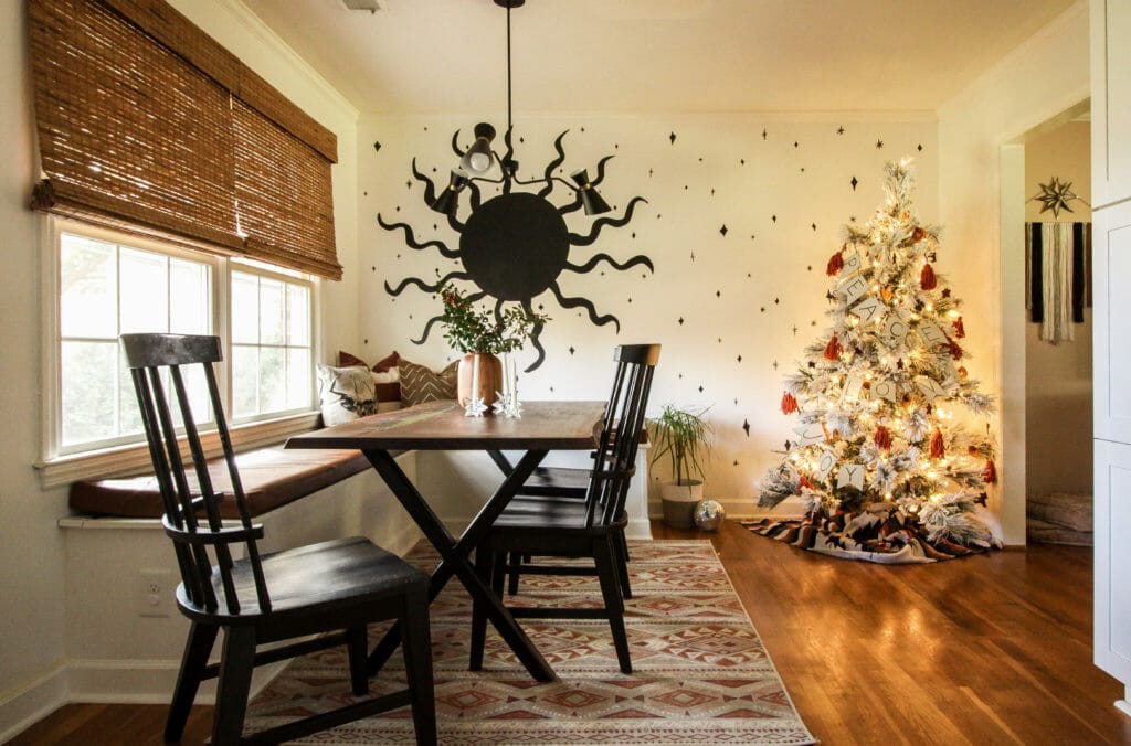 Dining room with christmas tree- modern boho