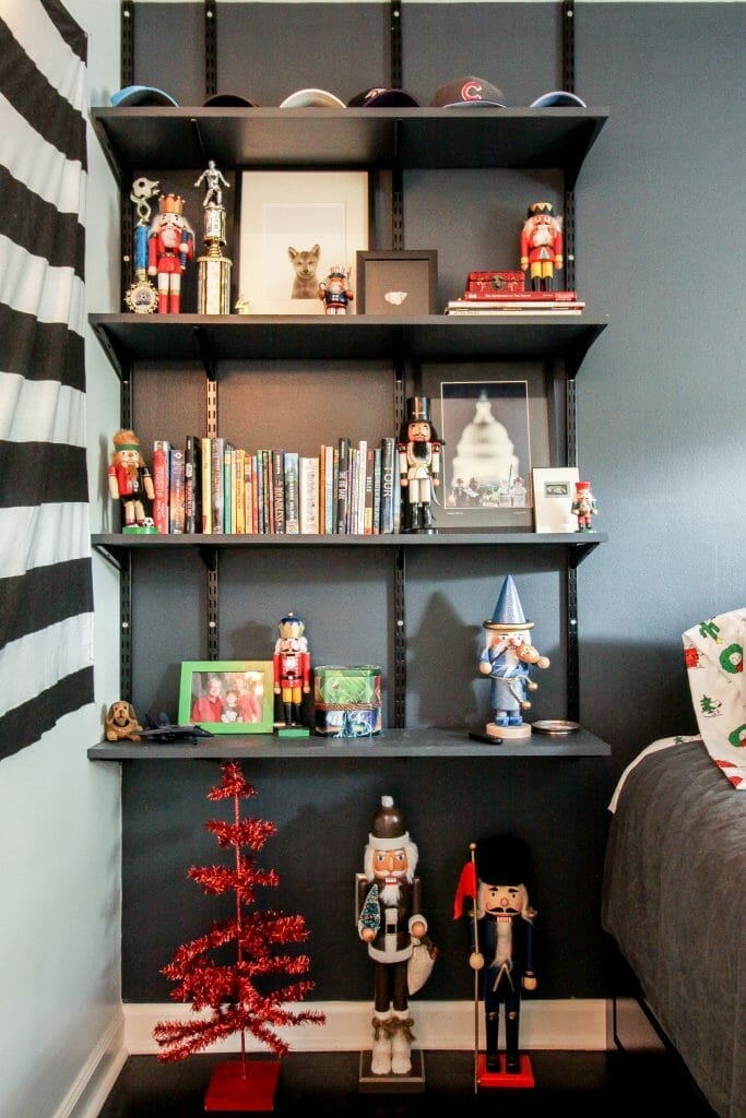 teen boy bedroom christmas shelves