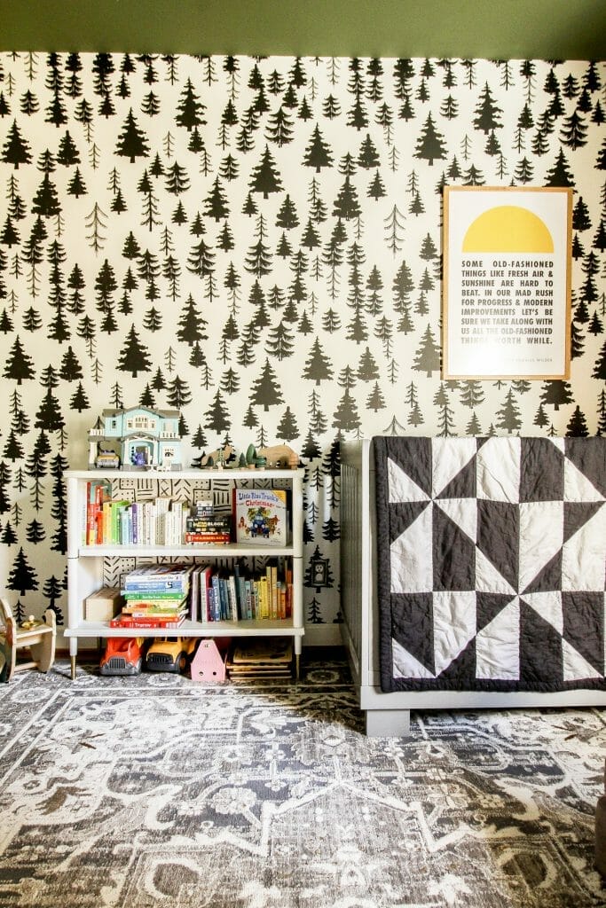 toddler bedroom with bookcase- black white green