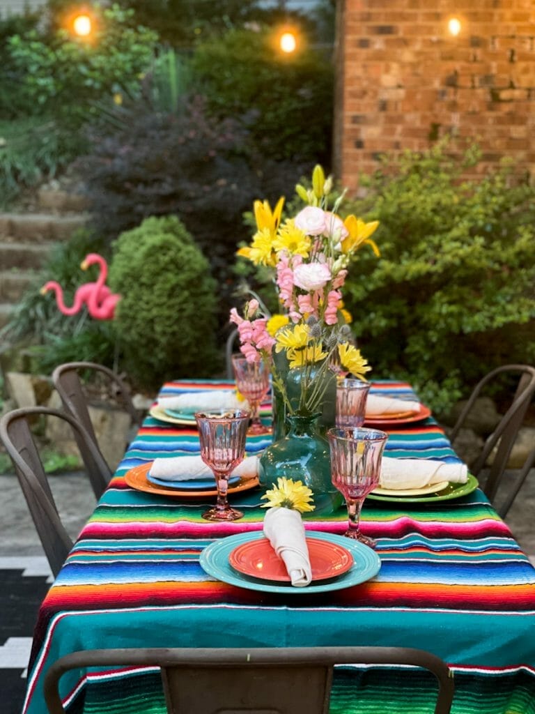 evening patio with colorful tablescape
