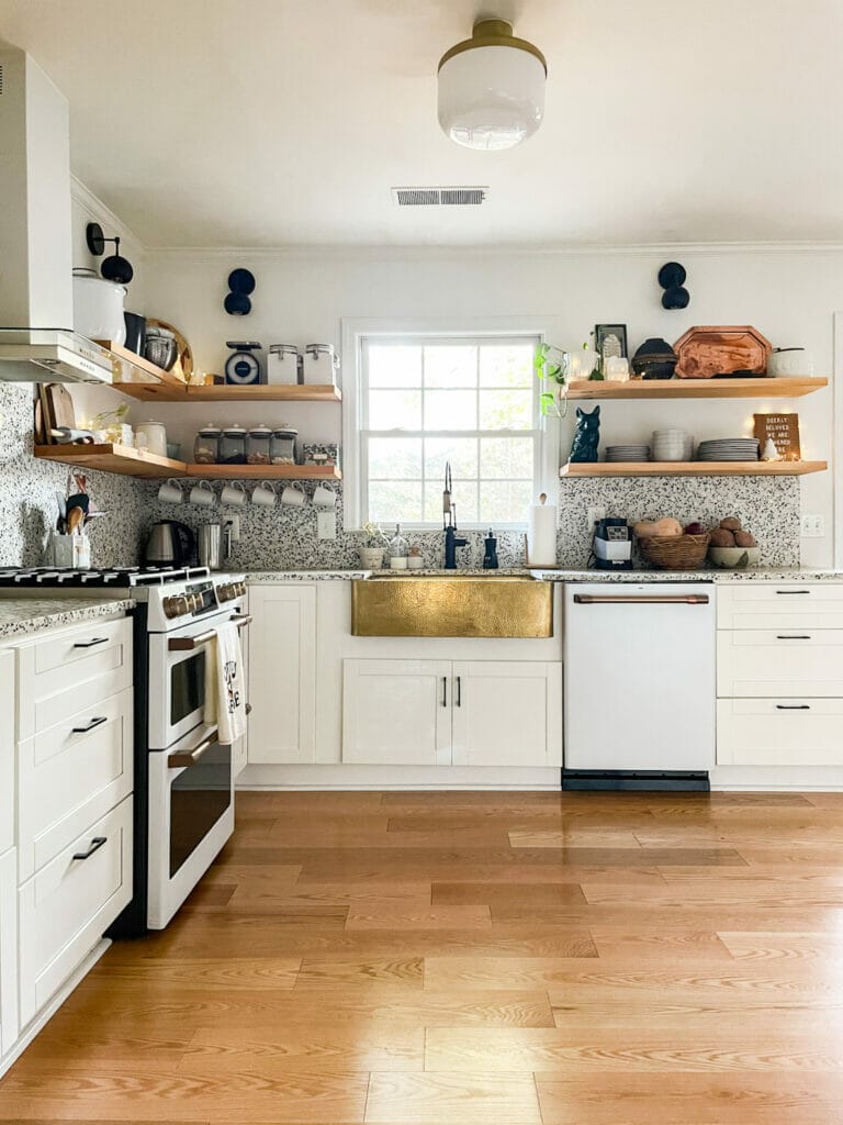 kitchen with brass sink